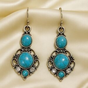 Women's Stylish Silver-tone  Filigree Turquoise color Stone Teardrop Earrings